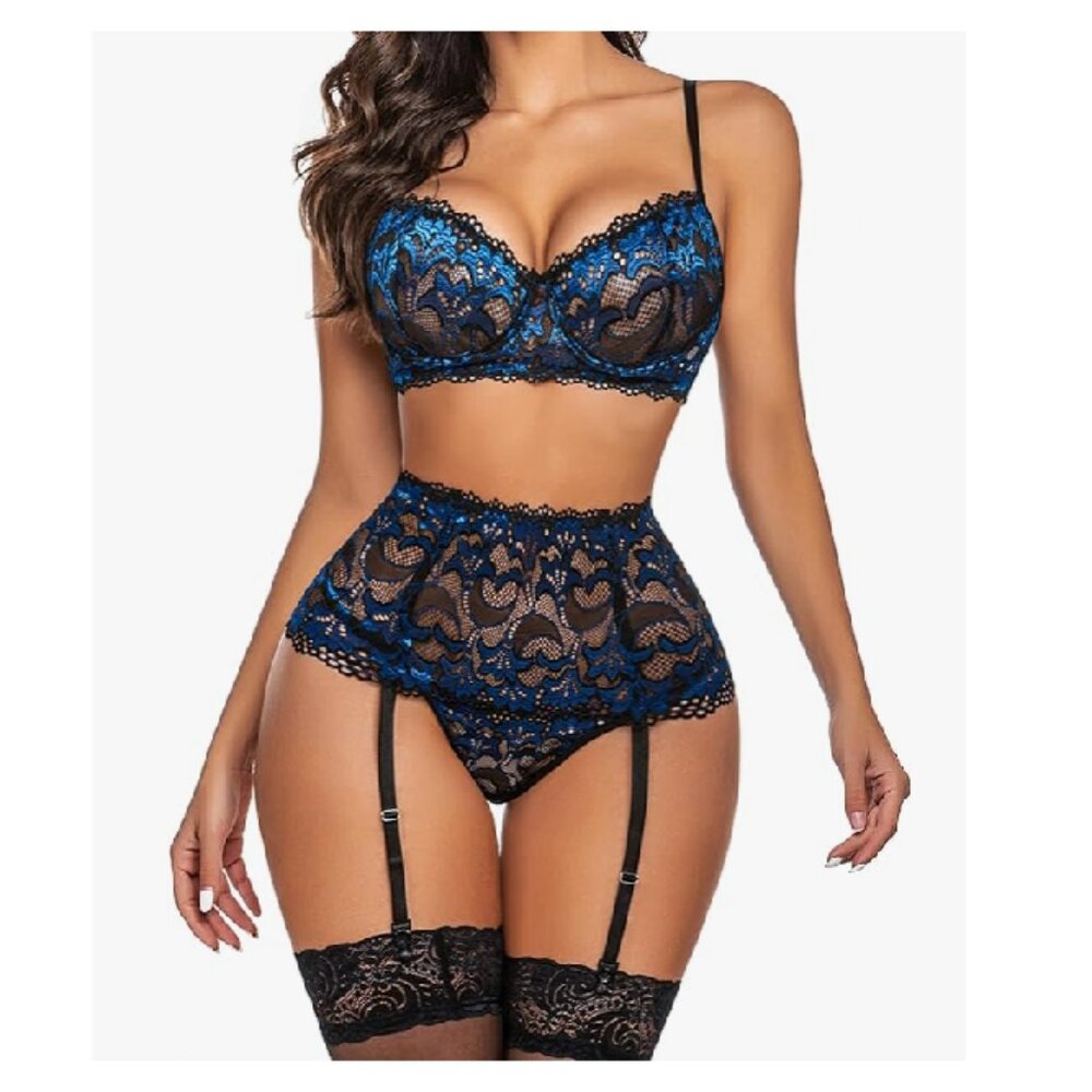 NWOT Navy Blue and Black Lace Lingerie Set w/ High Waisted Garter Belt, Size M